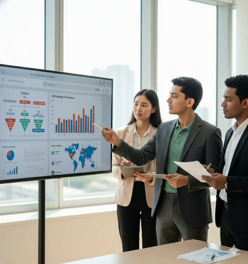 Business meeting with data presentation.